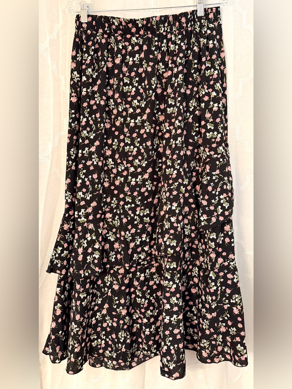 BTFBM Black Floral Wrap Midi Skirt Ruffle Hem Boho Romantic Size Large - Picture 3 of 13